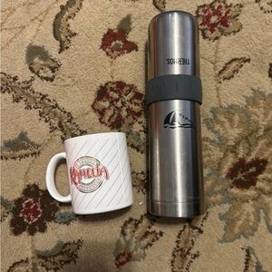 Thermos Silver Flask with Gray Band and Kahlua Mug
